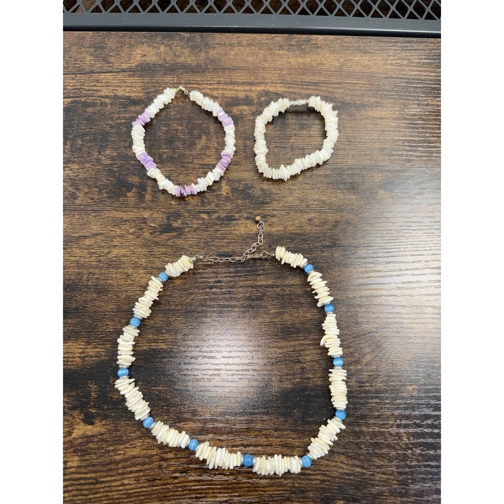 Y2K Boho Shell Chip Blue & Purple Bead Jewelry Set – Necklace & Bracelets EUC!!